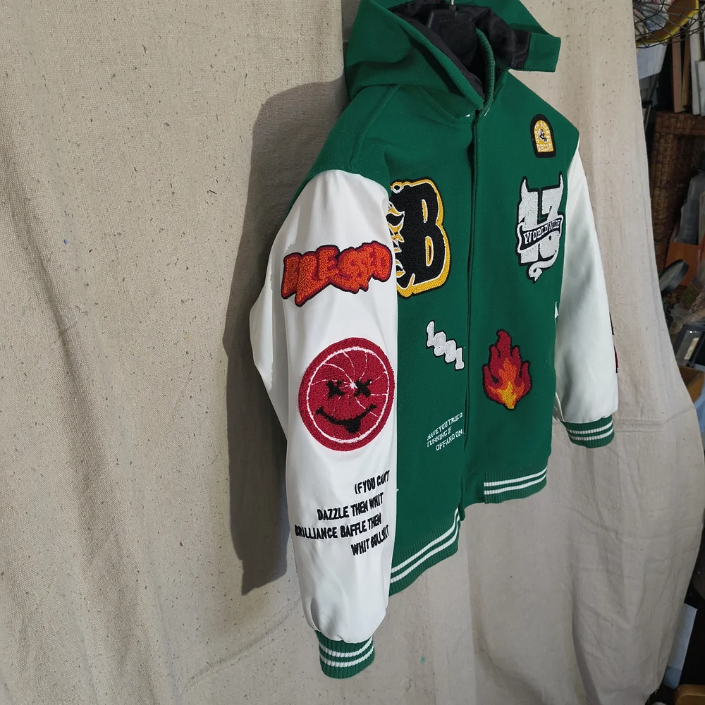 Black Pharoah Boy s Varsity Jacket Green & White W/Hood & Graphics / Patches